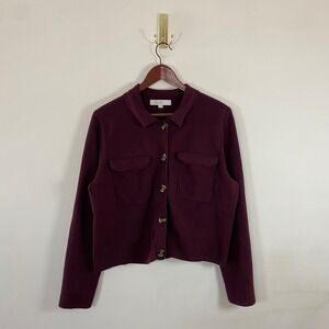 Loft Burgundy Button Up Cropped Cardigan Sweater Collared XL Chest Pockets